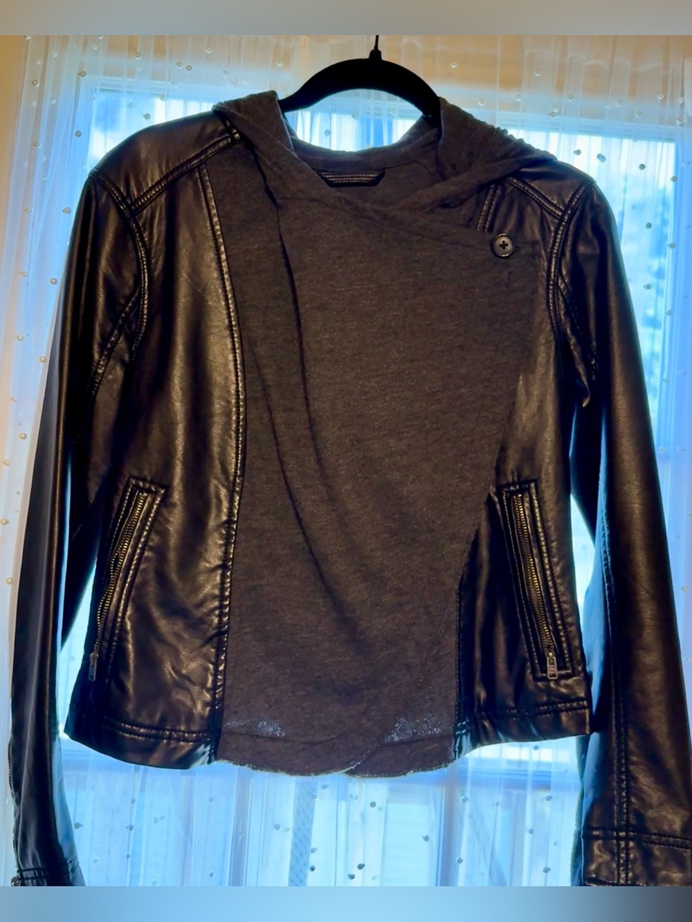 Hollister Black Faux Leather Hooded Jacket with Dark Gray Knit S